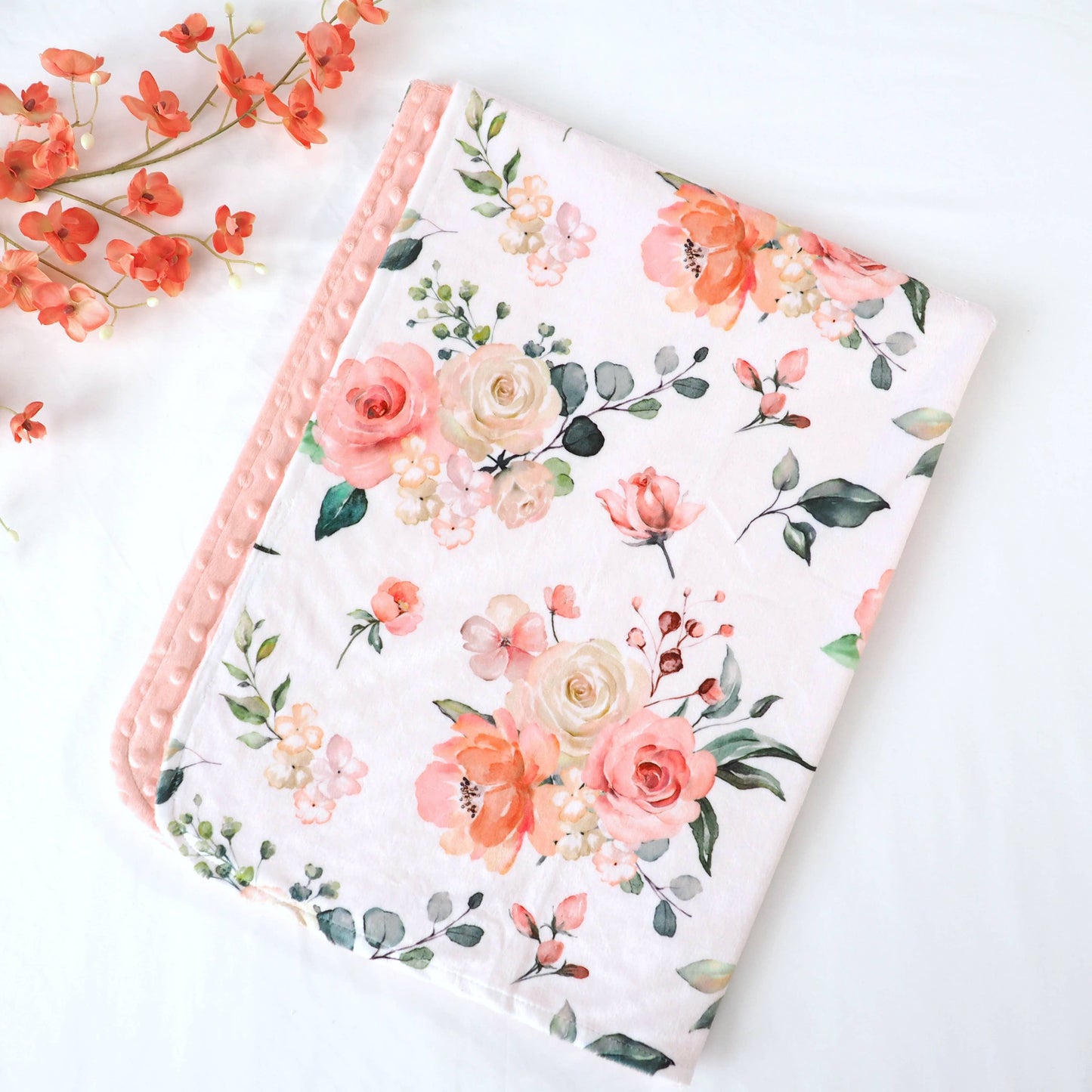 Peach Floral - Baby & Toddler Minky Blanket