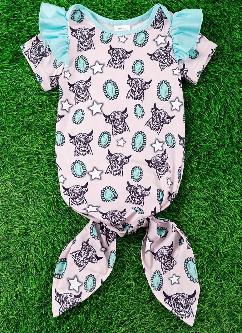 Highland Cow, Concho & Star Printed Baby Gown