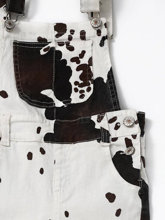 Cow Print Denim Double Layer Overalls