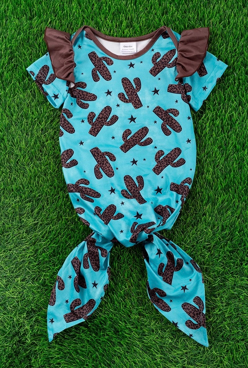 Brown Cactus Printed Baby Gown with Brown Angel Sleeves