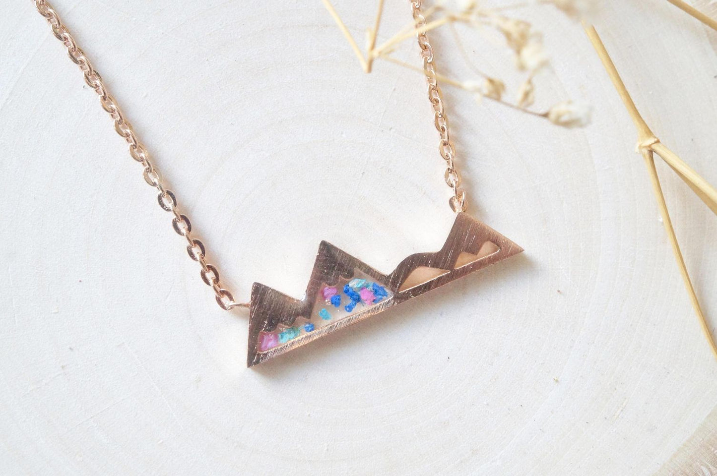 Real Pressed Flowers and Resin Necklace, Gold Mountains in Blue Teal Pink