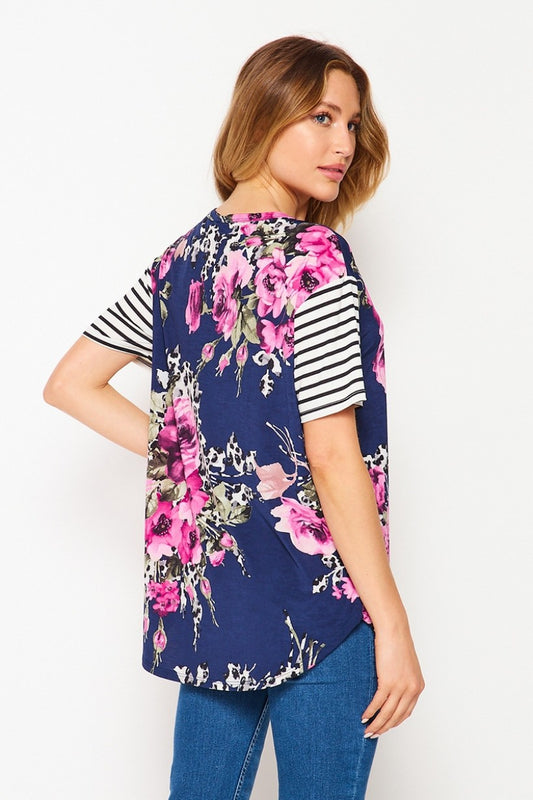 Navy/Magenta short sleeve floral-HoneyMe