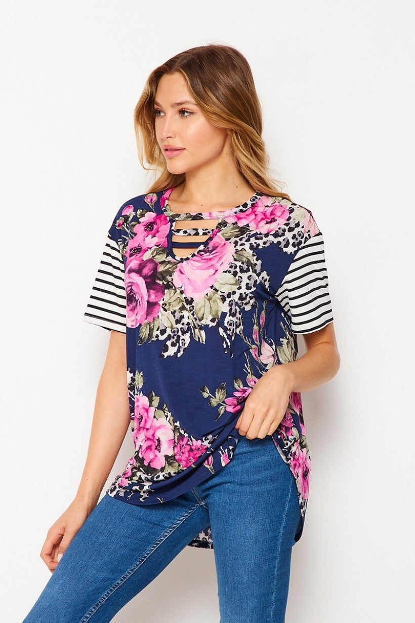 Navy/Magenta short sleeve floral-HoneyMe