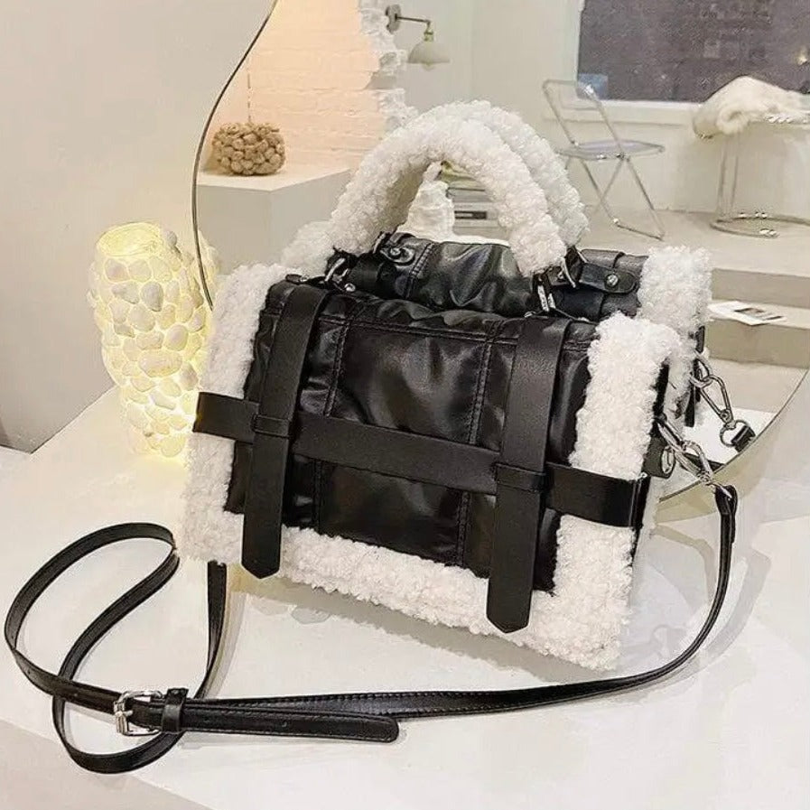 Shearling trim flap bag