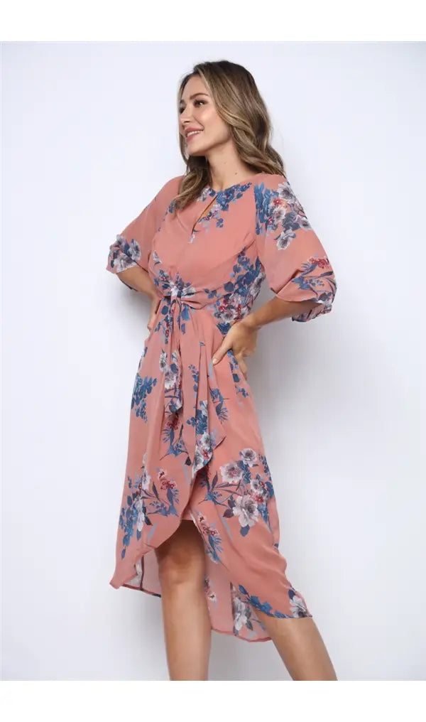 MAUVE BLUE VINTAGE FLORAL PRINT SURPLICE MIDI DRESS