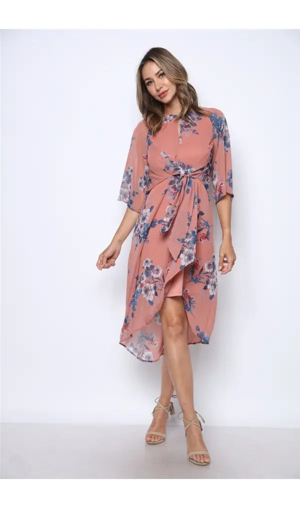 MAUVE BLUE VINTAGE FLORAL PRINT SURPLICE MIDI DRESS