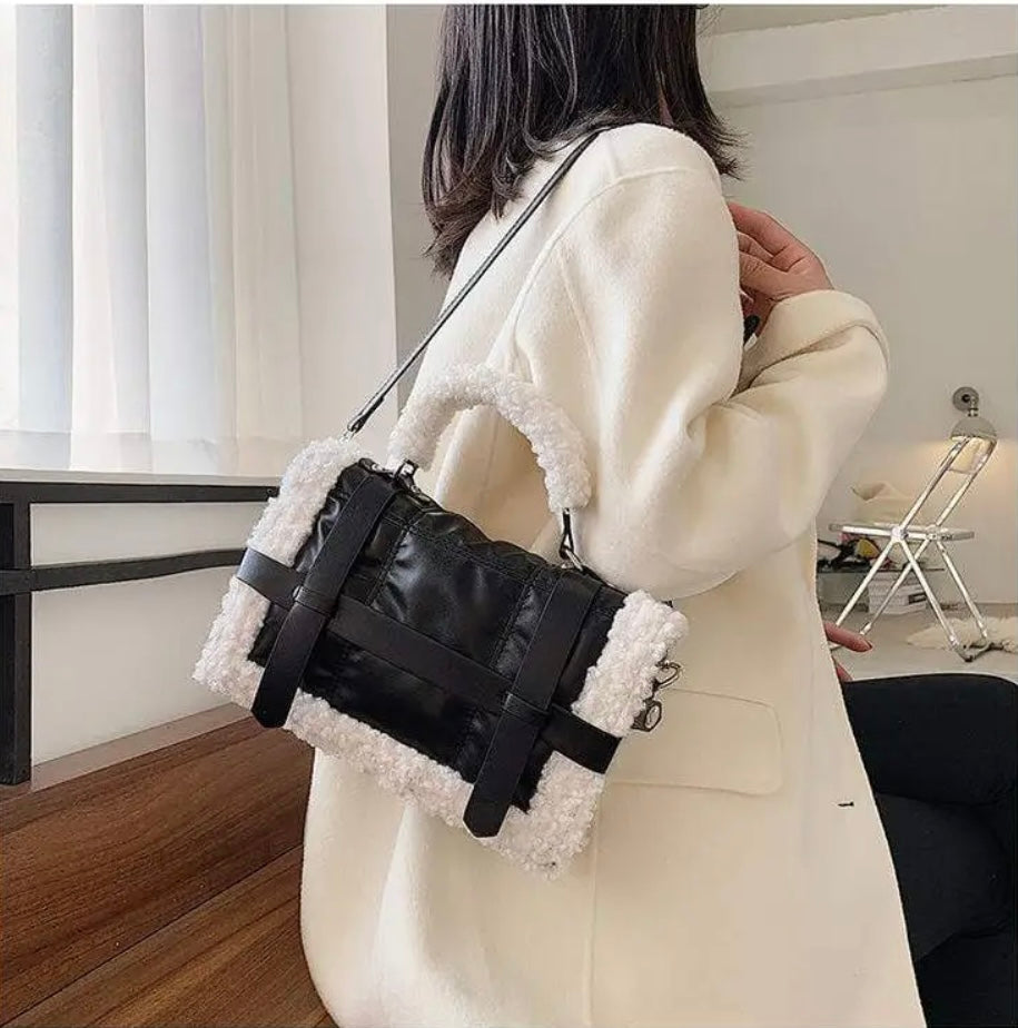 Shearling trim flap bag