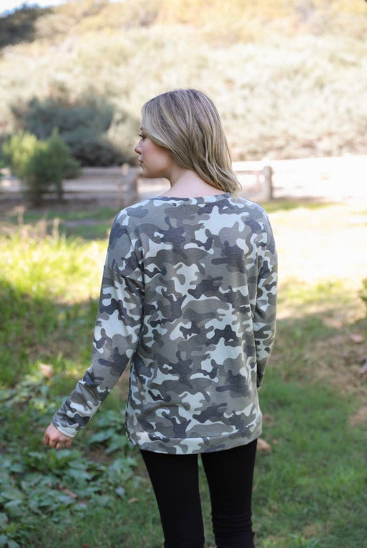 Camo faux wrap knit top