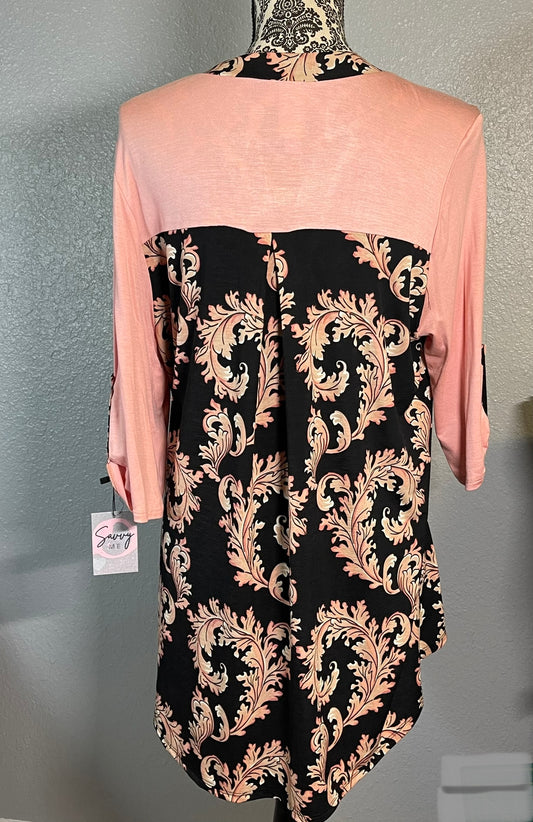 3/4 sleeve peach/black shirt-HoneyMe