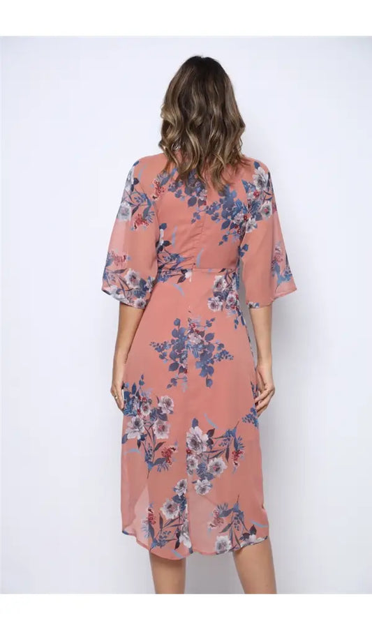 MAUVE BLUE VINTAGE FLORAL PRINT SURPLICE MIDI DRESS