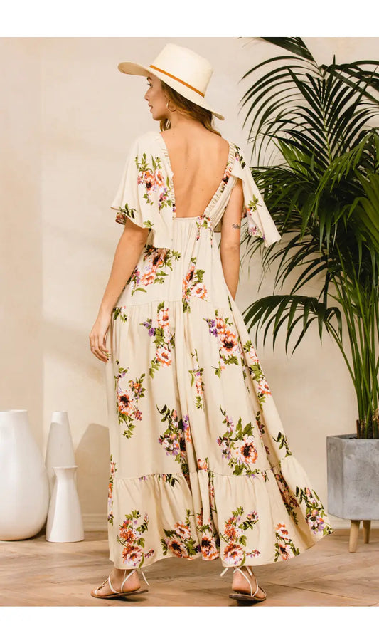 Floral Flutter Sleeve V Neck Long Tier Maxi Dress