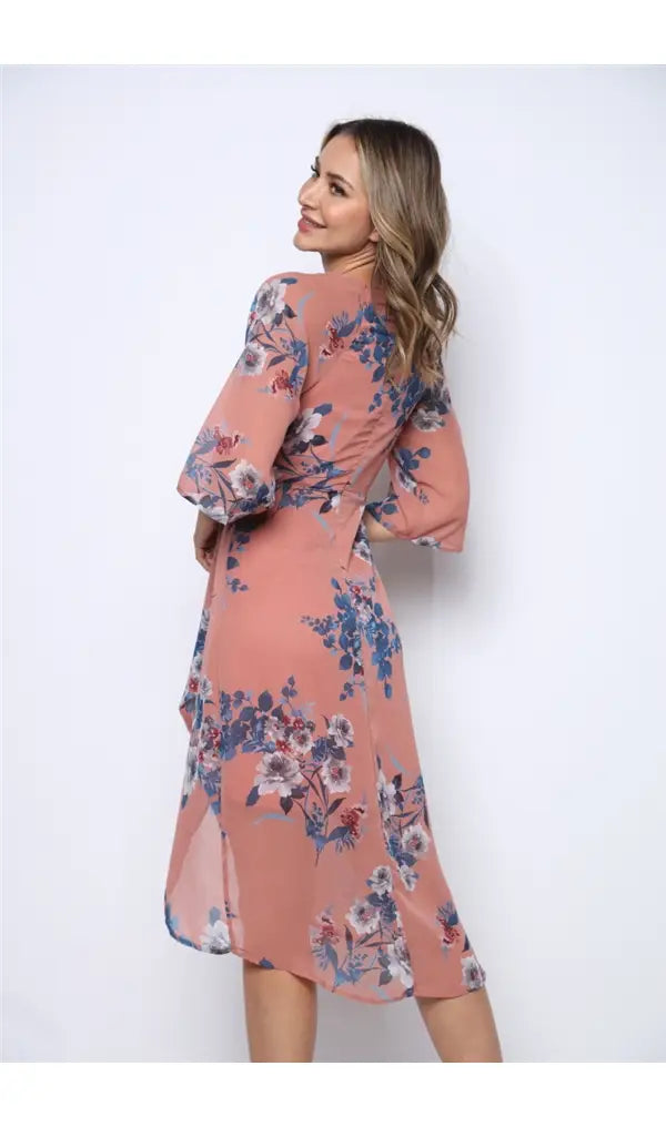 MAUVE BLUE VINTAGE FLORAL PRINT SURPLICE MIDI DRESS