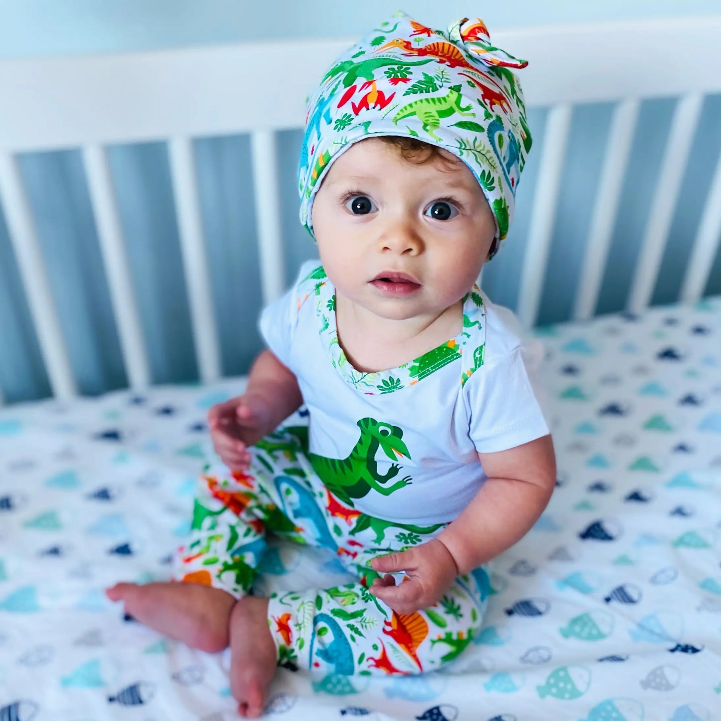 Boys 3 pc Baby Shower Dinosaur Layette Gift bodysuit Cap Pants