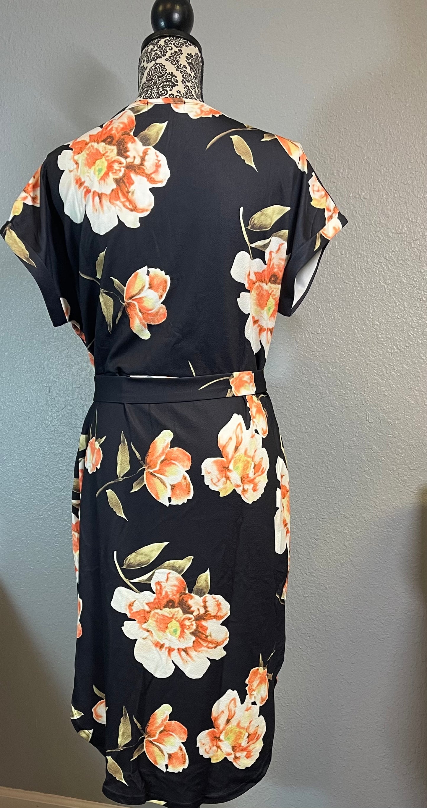 Women Short Sleeve Boat Neck Floral Waist Tie Midi Dress