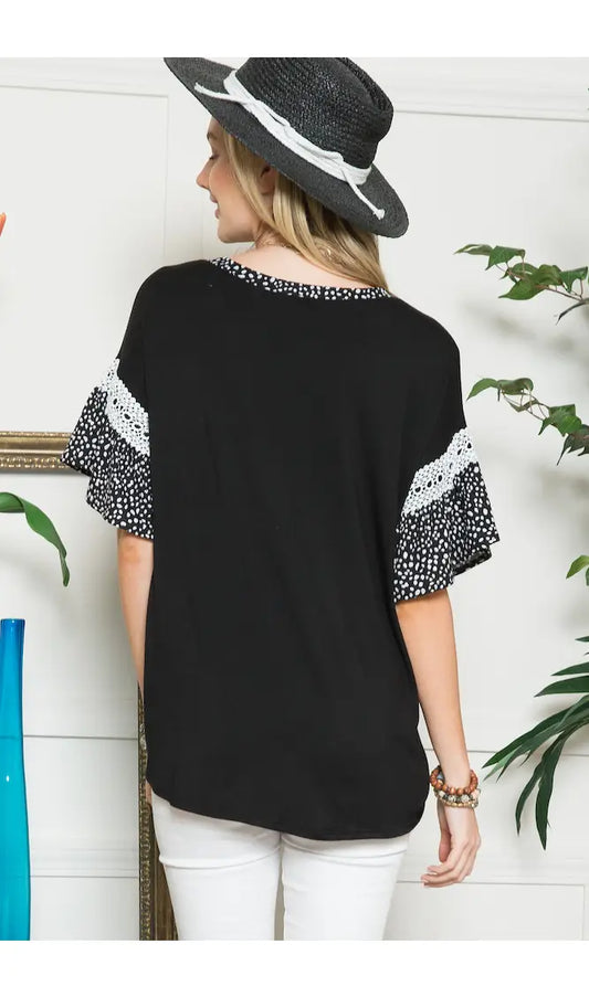 Speckled ruffle sleeve top- Celeste