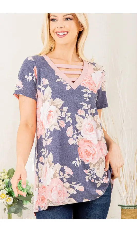 Blue and pink floral v neck-Heimish