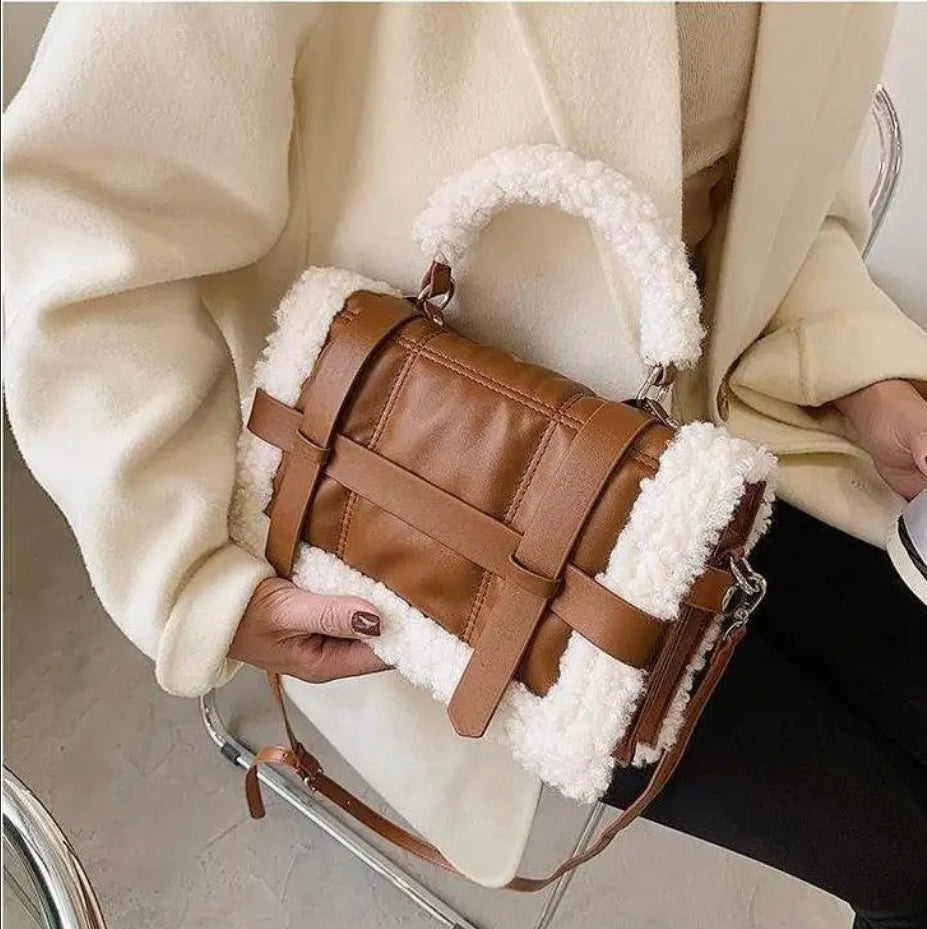 Shearling trim flap bag