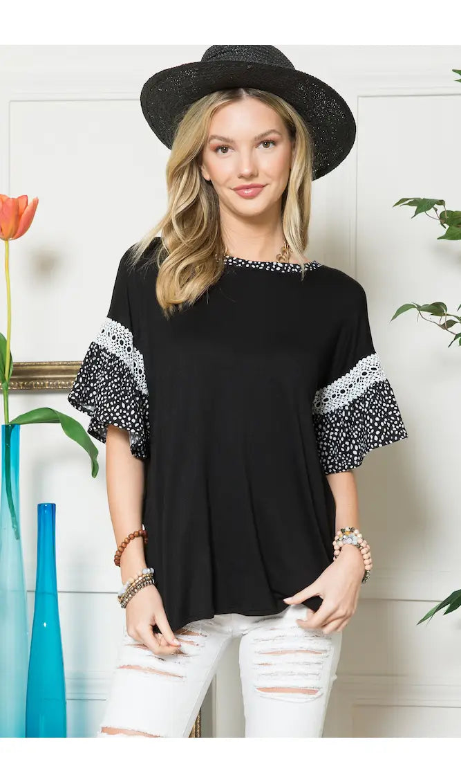 Speckled ruffle sleeve top- Celeste