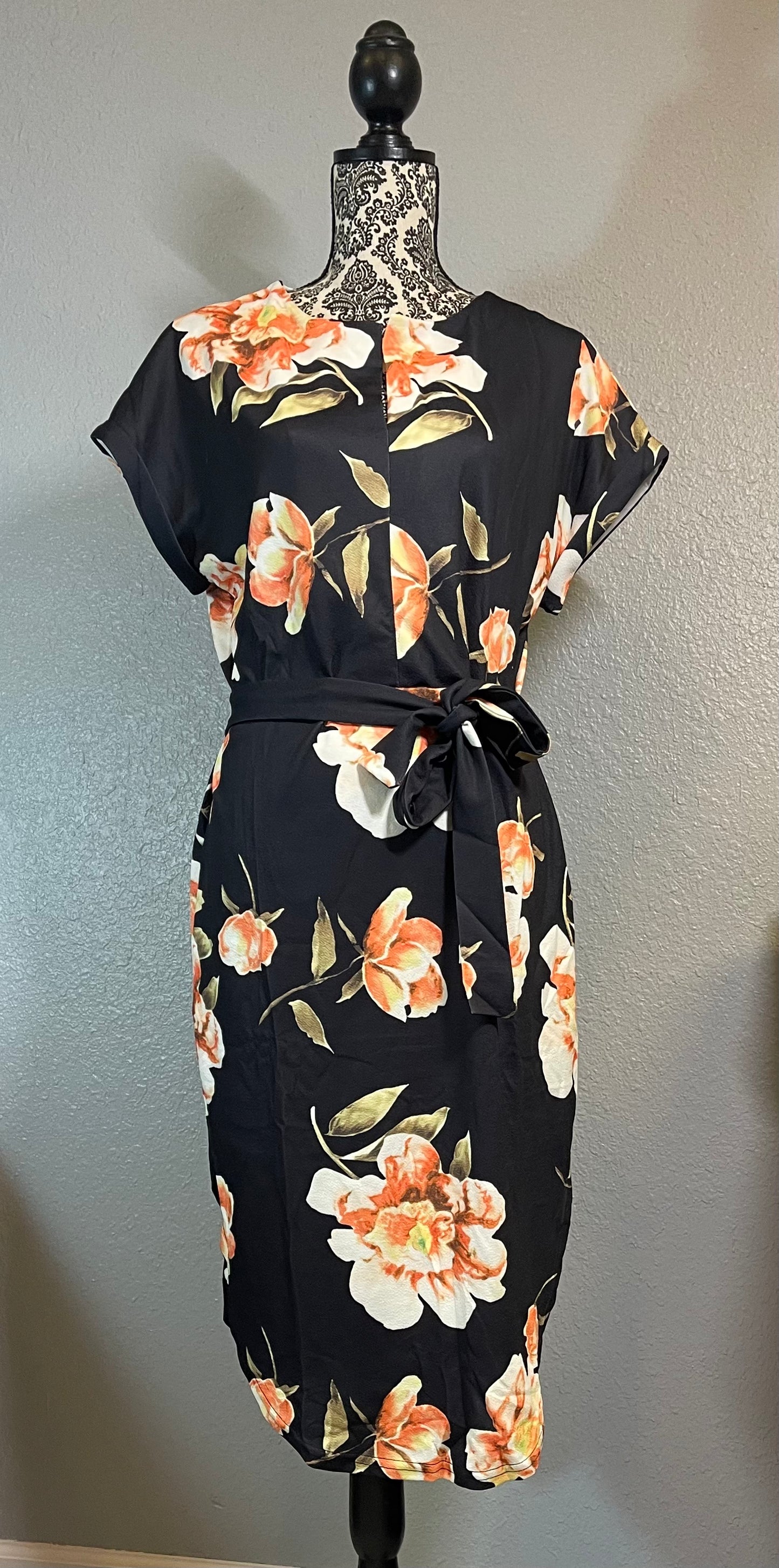 Women Short Sleeve Boat Neck Floral Waist Tie Midi Dress