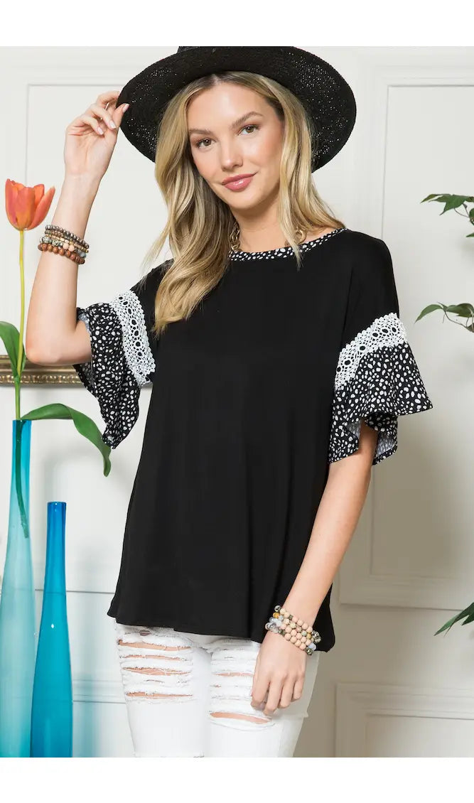 Speckled ruffle sleeve top- Celeste