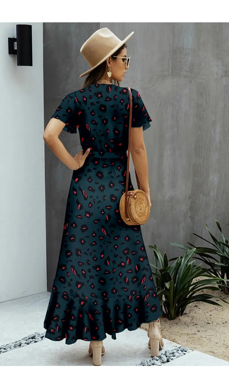 Women V Neck Short Sleeve Leopard Print Waist Tie Maxi Dress
