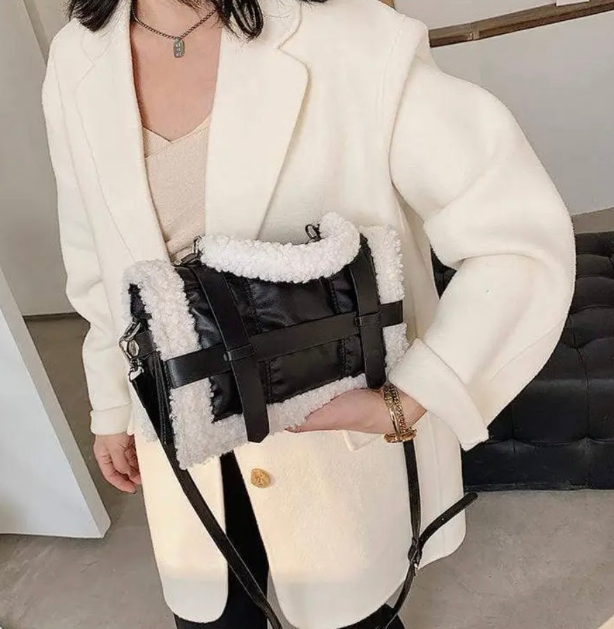 Shearling trim flap bag