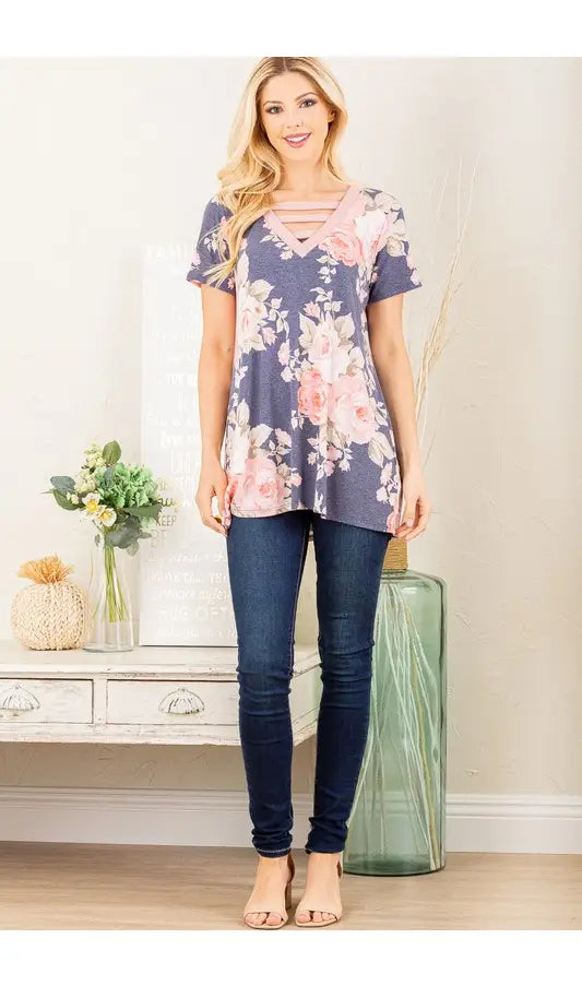 Blue and pink floral v neck-Heimish
