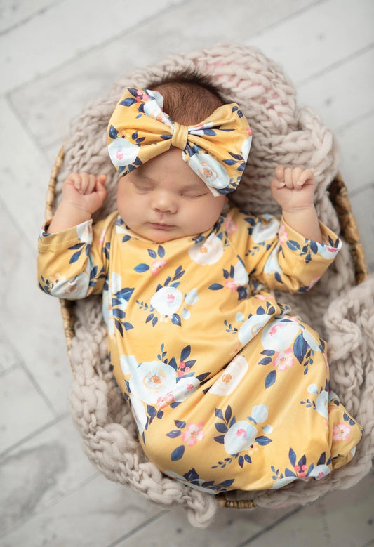 Infant Girls Mustard Baby Gown and Bow Headband