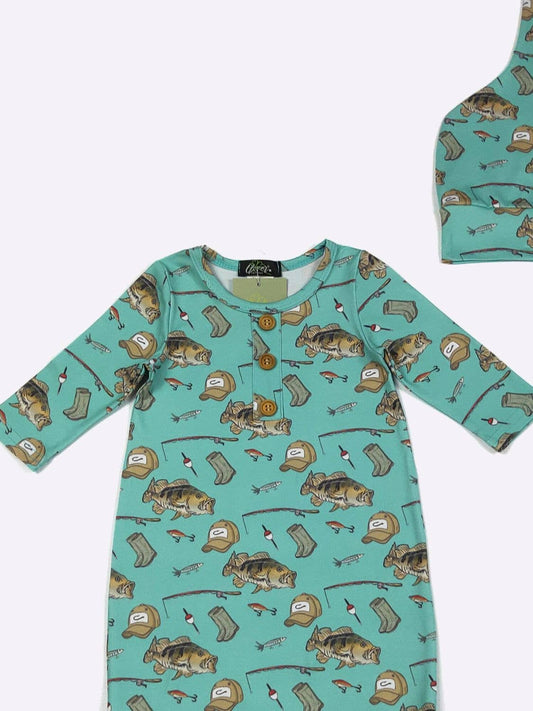Teal Fishing Baby Knotted Gown