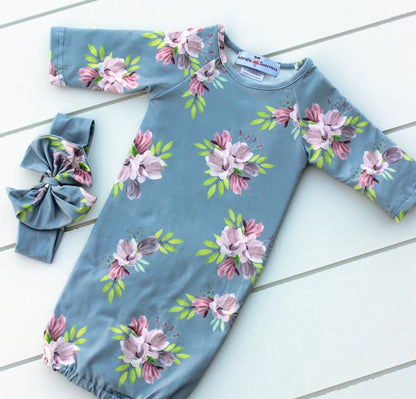 Infant Girls Gray Blue Floral Baby
Gown and Bow Headband