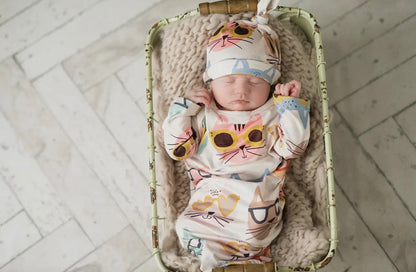 Pastel Cat Baby Gown and Hat Set