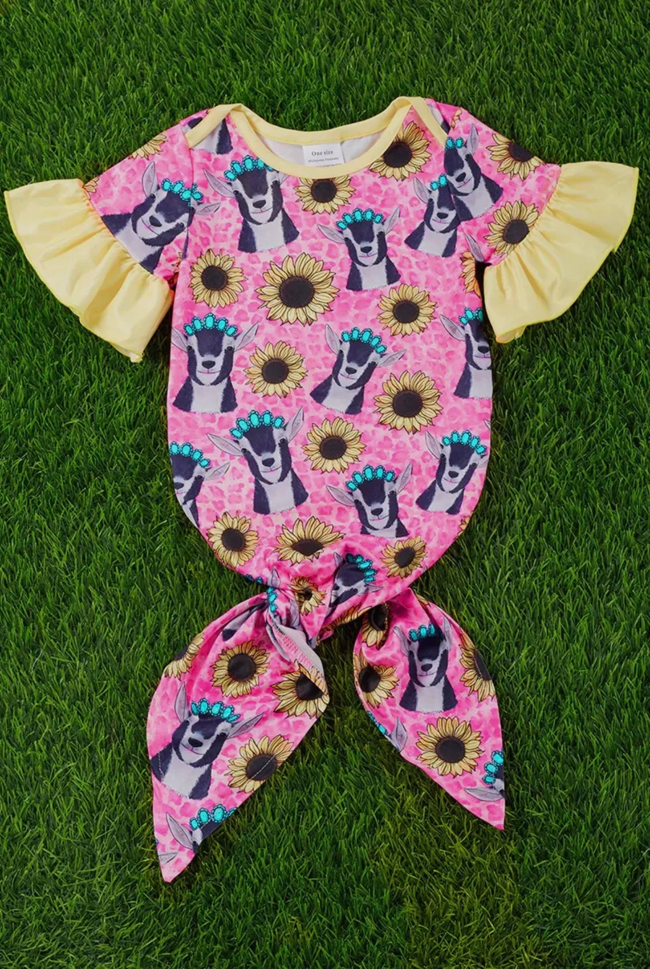 Goat & Sunflower Printed Baby Gown with Ruffle Sleeves