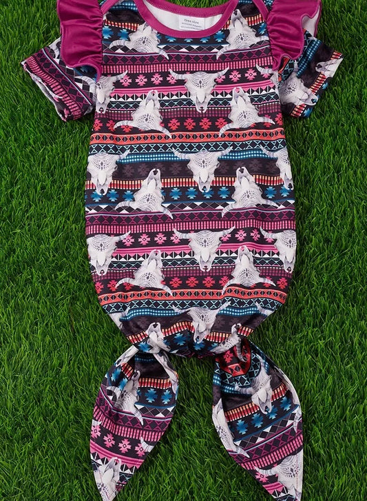 Bull Skull & Aztec Printed Baby
Gown with Angel Sleeve