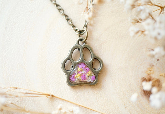 Real Pressed Flowers in Resin Paw Print Necklace
