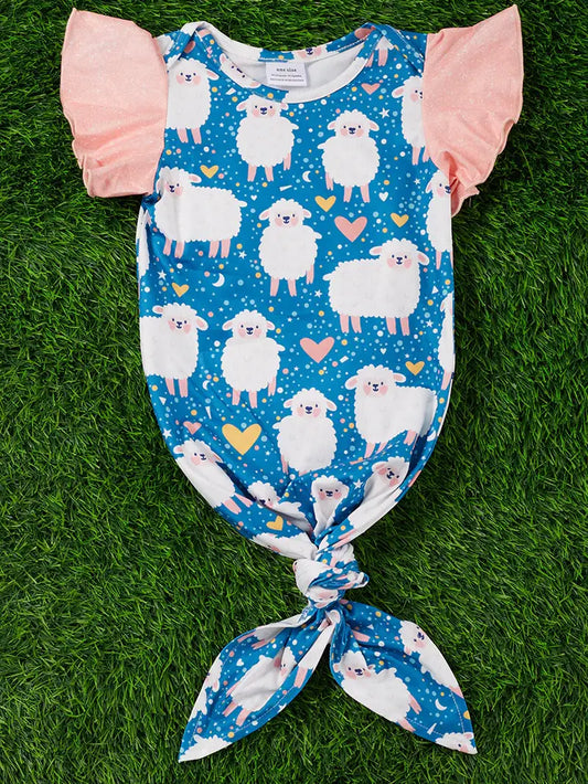 Sheep Printed Baby Gown with Angel Sleeves