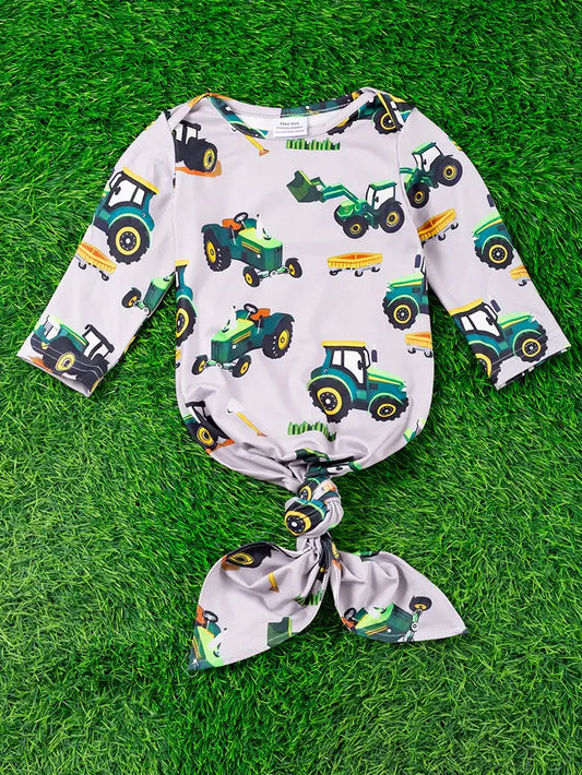Tractor Printed Gray Baby Gown
