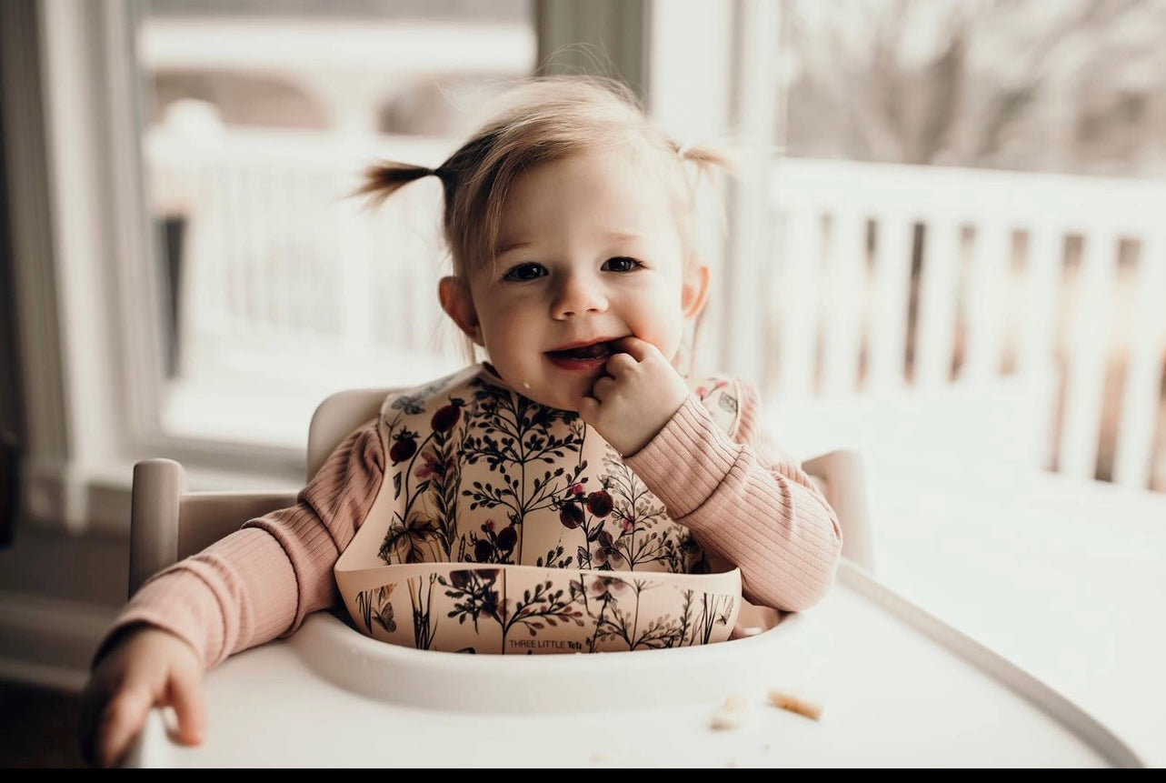 Flower Print Silicone Bib with Crumb Catcher