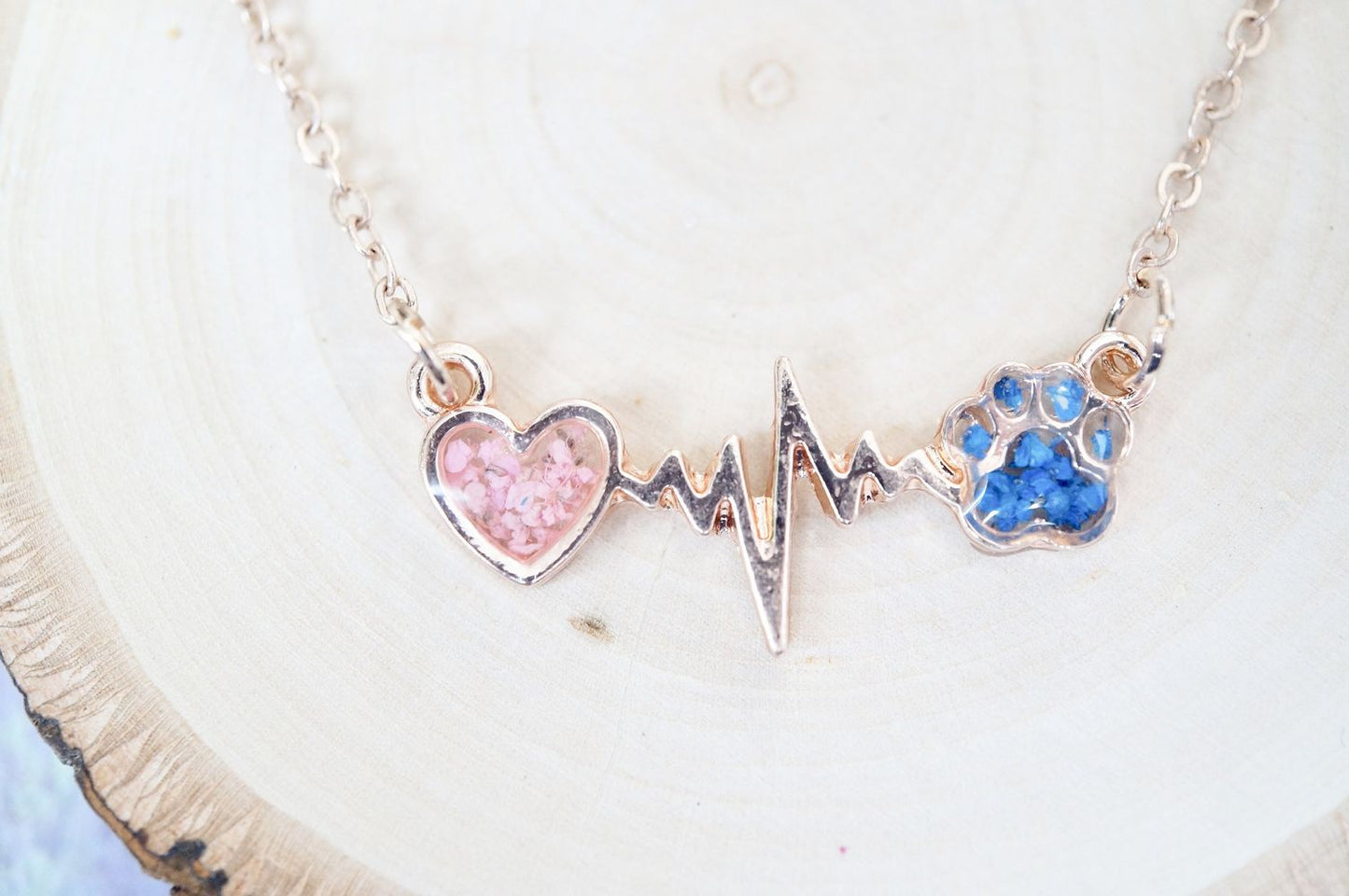 Real Pressed Flowers in Resin, Gold Dog Necklace in Blue and Pink
