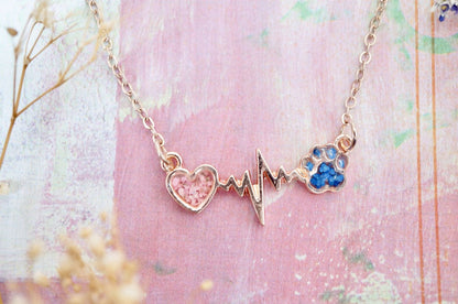 Real Pressed Flowers in Resin, Gold Dog Necklace in Blue and Pink