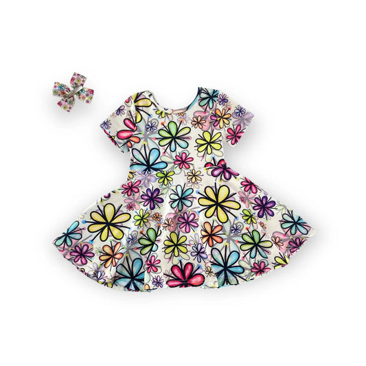Girls Happy Blossom Twirly Dress with Matching Bow