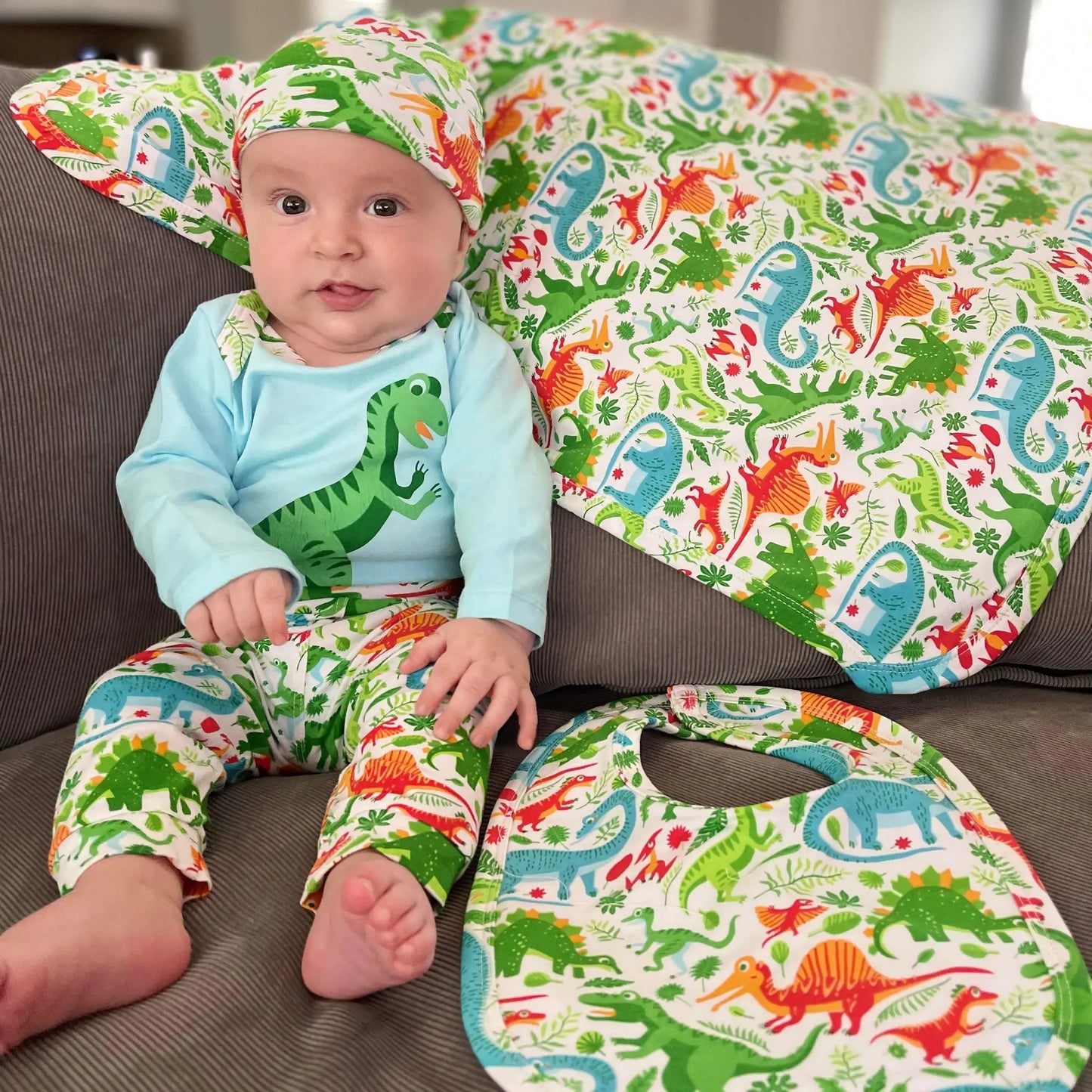 Dinosaur Stroller Blanket & Bib Set Baby Boy Shower Gift