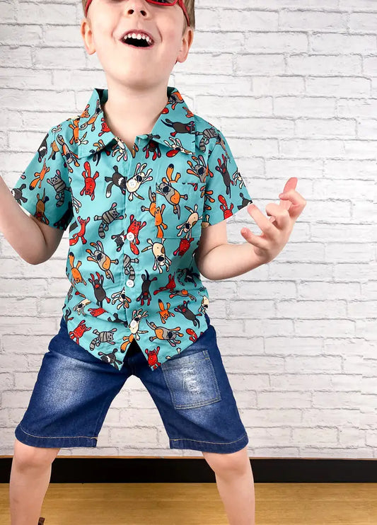 Boys Raining Cats & Dogs Teal Woven Button Down