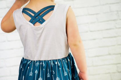 Girls Striped Arrows CrissCross Dress with Matching Bow