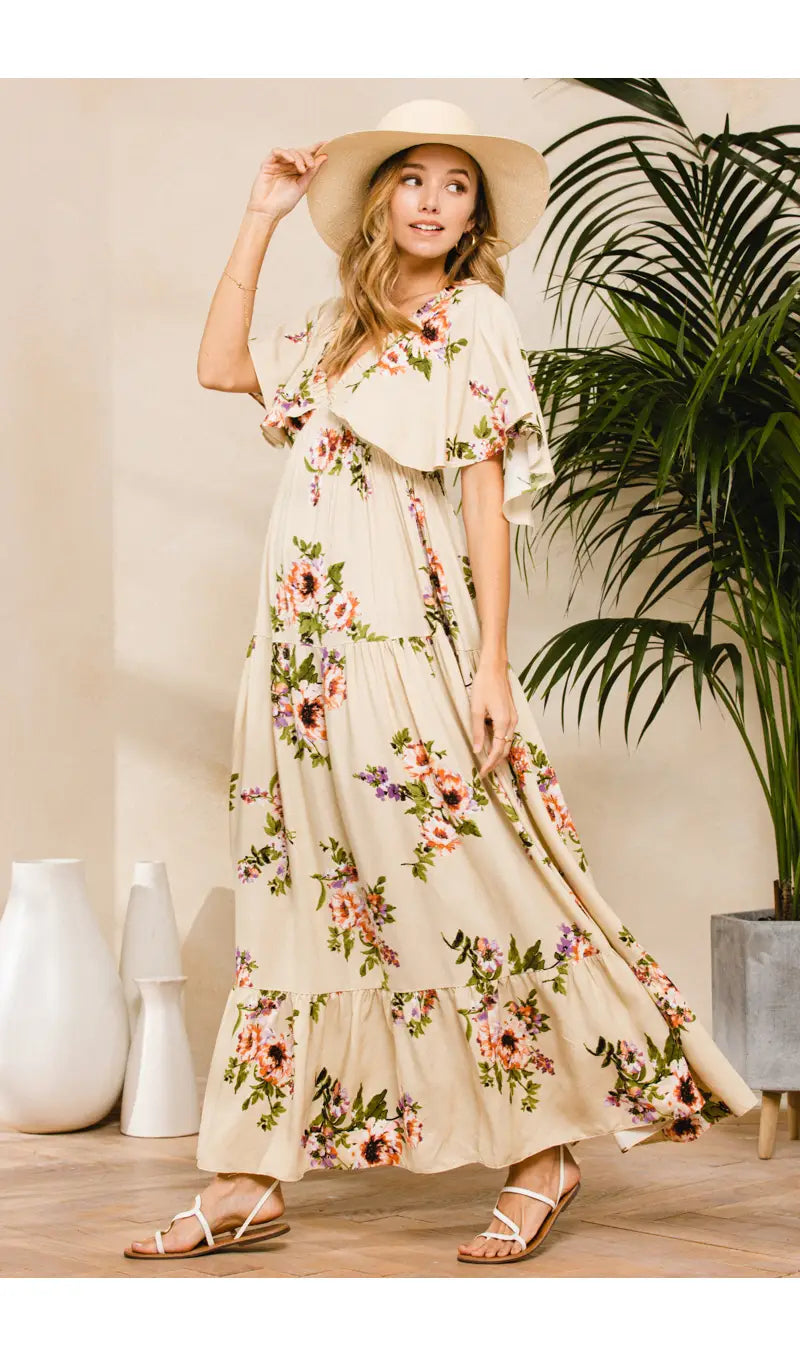 Floral Flutter Sleeve V Neck Long Tier Maxi Dress