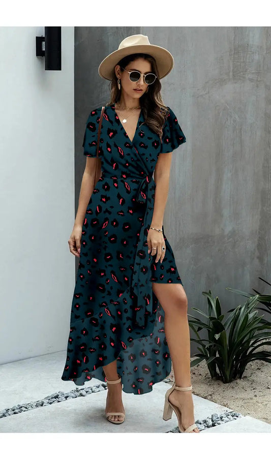 Women V Neck Short Sleeve Leopard Print Waist Tie Maxi Dress