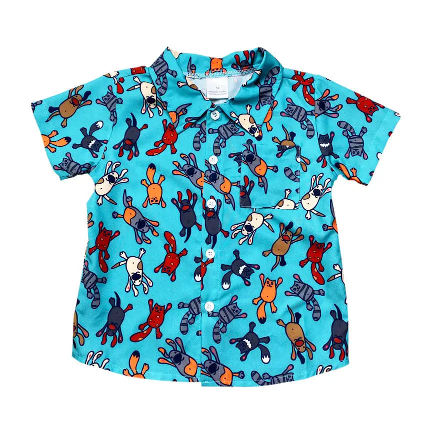 Boys Raining Cats & Dogs Teal Woven Button Down