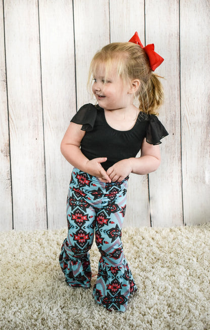 Girls Teal & Coral Aztec - Bell Bottom Pants