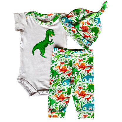 Boys 3 pc Baby Shower Dinosaur Layette Gift bodysuit Cap Pants