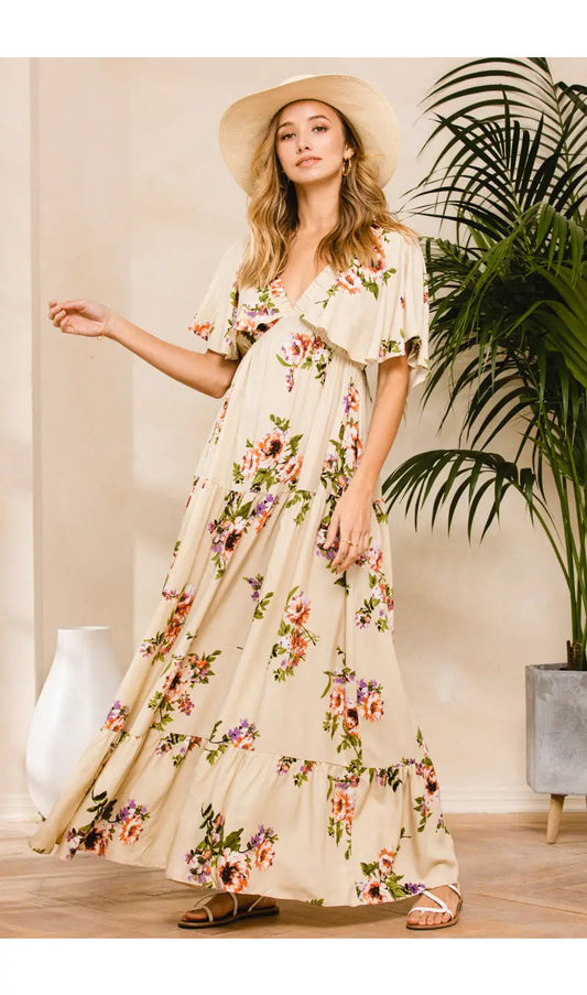 Floral Flutter Sleeve V Neck Long Tier Maxi Dress